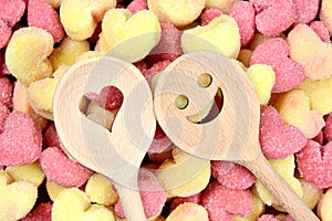Smile wooden spoons on the many gnocchi hearts shape