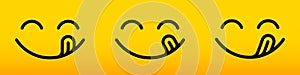 Smile yummy face, delicious tasty lick tongue vector food taste line icon. Yummy smile tasty licking tongue, cartoon yellow food