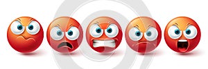 Smiley angry face vector set. Smileys emoticon mad, evil, angry and cruel red icon collection