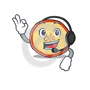 Smiley apple chips cartoon character design wearing headphone