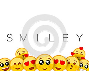 Smiley background with yellow emoticons with heart shaped eyes. Loving facial expression. Love, Valentines day. Empty blank space