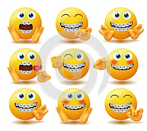 Smiley braces emoticon vector set. Emojis in dental brace characters with rich and soft hand gestures like surprised and waving.