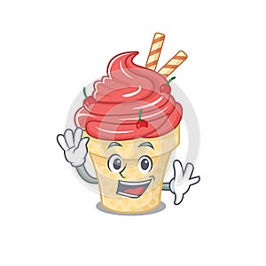 Smiley cherry ice cream cartoon mascot design with waving hand