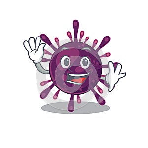 Smiley coronavirus kidney failure cartoon mascot design with waving hand