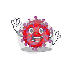 Smiley coronavirus particle cartoon mascot design with waving hand