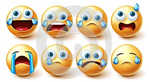 Smiley crying emojis vector set. Smileys 3d characters in crying, laughing out loud and confused graphic face collection.