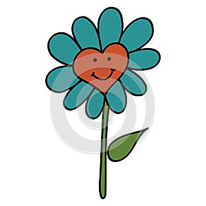 Smiley Daisy in 70s or 60s Retro Trippy Style. Smile Flower 1970 Icon. Seventies Groovy Flowers. Hand Drawn Illustration