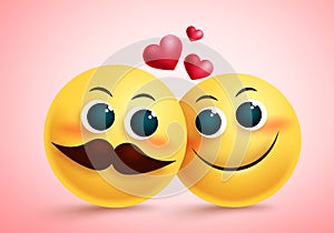 Smiley emoji couple in love vector design. Yellow cute emojis lovers character with blush face and heart element. photo