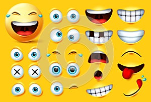 Smiley emoji creation kit vector set. Smileys emoticons and emojis face kit eyes and mouth in surprise, excited, hungry, and funny photo