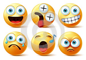 Smiley emoji face vector set. Smileys emojis or emoticon cute faces with happy, dizzy, singing, angry, surprise, sad and crying. photo