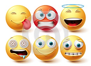 Smiley emoji face vector set. Smileys and emoticon happy, hungry and angry icon collection