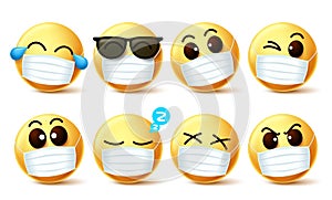 Smiley emoji facemask vector set. Smiley emoji with covid-19 face mask and eye expressions