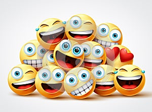 Smiley emoji faces group vector design. Smileys emojis yellow circle face group.