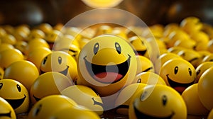 Smiley Emoji. Funny yellow smiley emoji face in the crowd.