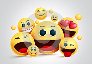 Smiley emoji group vector design. Emojis yellow smiley face of friends happy together with facial expression. photo
