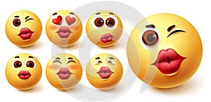 Smiley emoji kiss vector set. Emoji girl face with kissable lips in different facial expression