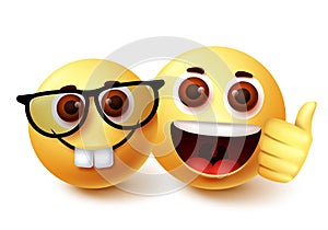 Smiley emoji of nerd friend vector character design. Clever weird emoji with presence of friend