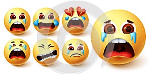 Smiley emoji in tears vector set. Smileys yellow face in crying, sad, broken hearted