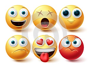 Smiley emoji vector set. Smileys emoticon happy, angry, in love and dizzy icon collection