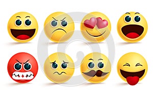 Smiley emoji vector set. Yellow smileys emoji and emoticon with cute angry, in love, sad and excited facial expressions.