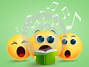 Smiley emojis singing choir vector design. Emoji with yellow funny faces holding song book singing.