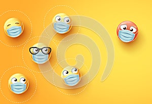 Smiley emojis social distancing vector background. Emoji and emoticon wearing face mask