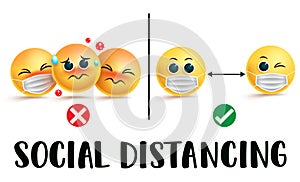 Smiley emojis social distancing vector sign. Social distancing text warning instruction with emoji or emoticon in two scenario.