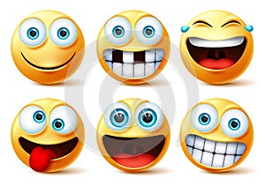 Smiley emojis vector face set. Smileys emoticons and emoji cute faces in crazy, funny, excited, laughing, and toothless facial. photo