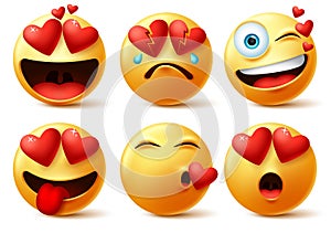 Smiley emoticon and emoji with heart vector faces set. Smileys emoticons of red heart with in love, broken, kissing, surprise.