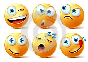 Smiley emoticon faces vector set. Smileys emoticons of yellow face in naughty, sleepy, hungry, surprise.