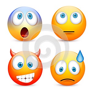 Smiley,emoticon set. Yellow face with emotions,mood. Facial expression, realistic emoji. Sad,happy,angry faces.Funny