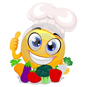 Smiley Emoticon wearing Chef Hat holding Vegetables