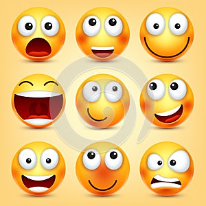 Smiley,emoticons set. Yellow face with emotions. Facial expression. 3d realistic emoji. Funny cartoon character.Mood