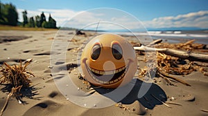 a smiley face ball sits on the sand near a forest