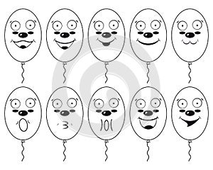 Smiley face balloon. Funny outline balloons with faces and smiles. Vector illustrations.