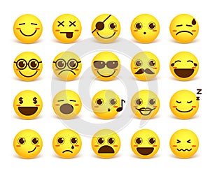 Smiley face cute vector emoticon set with happy facial expressions