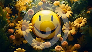 Smiley face with daisy flowers in the background