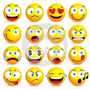 Smiley face and emoticon simple set with facial expressions