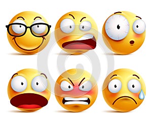 Smiley face or emoticons vector set in yellow with facial expressions photo