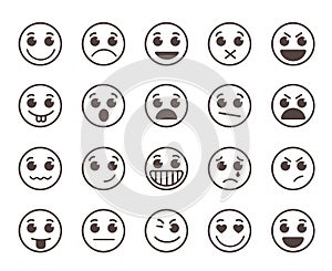 Smiley face flat line vector icons set with funny facial expressions