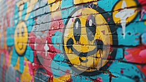 Smiley Face Graffiti on Painted Brick Wall