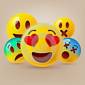 Smiley face icons or yellow emoticons with emotional funny faces in glossy 3D realistic