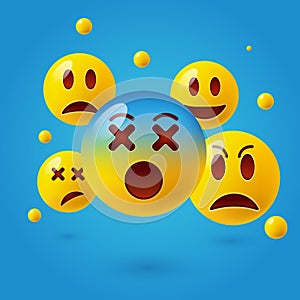 Smiley face icons or yellow emoticons with emotional funny faces in glossy 3D realistic