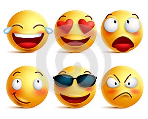 Smiley face icons or yellow emoticons with emotional funny faces photo