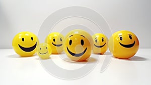 Smiley face in a row of yellow smileys isolated on white background