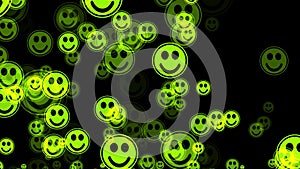 Smiley face social media animation 4k icons flying green yellow on black screen