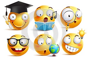 Smiley face student vector emoticons set with facial expressions photo