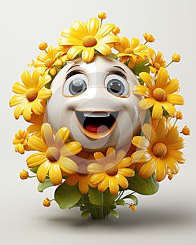 a smiley face surrounded by yellow flowers on a white background. generative ai