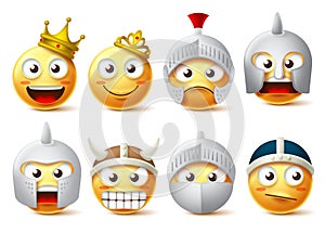 Smiley face vector character set. Smileys and emoticons characters of king, queen, knights, warriors wearing crown and armor