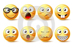 Smiley face vector icon set. Smiley face funny emoticons with eyeglasses, zipped mouth and teeth braces facial expressions